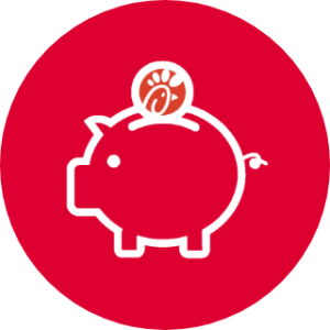 Red and white icon of a piggy bank with a coin with the Chick-fil-A logo on it