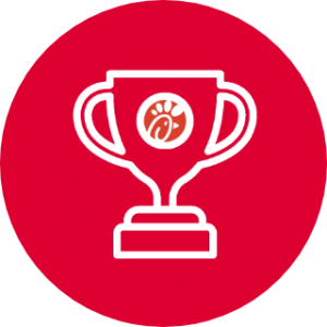 Red and white icon of a trophy with the Chick-fil-A logo on it