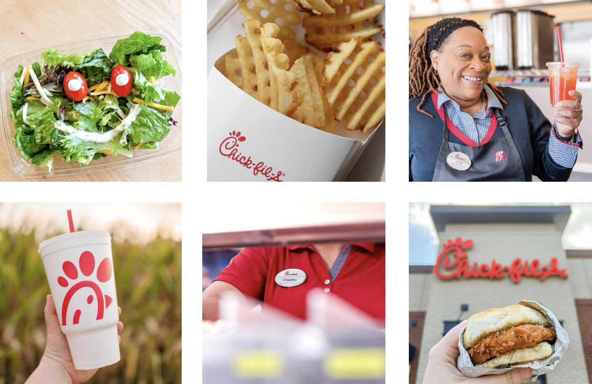 A grid of Instagram photos including a salad with a smiley face, waffle fries, a smiling employee holding a drink a Chick-fil-A cup, a closeup of an employee's nametag, and a closeup of a chicken sandwich in front of a Chick-fil-A sign on a store.